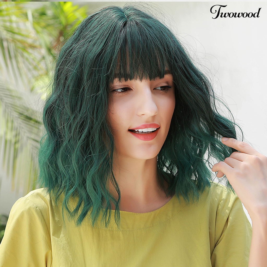 Twowood Air Bangs Wig Universal Halus Ringan Poni Udara Wig Rambut Pendek Keriting Hijau Untuk Kehidupan Sehari-Hari