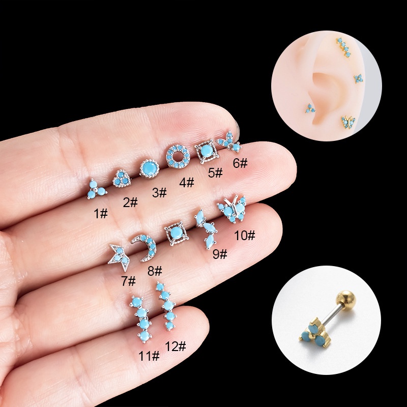 1biji Biru Buatan Batu Tulang Rawan Helix Tragus Tindik 20Gauge Lobe Anting-Anting Stainless Steel Barbel Ganda Kepala Manik