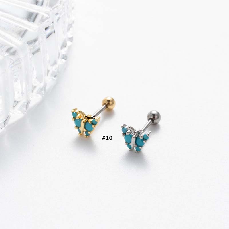 1biji Biru Buatan Batu Tulang Rawan Helix Tragus Tindik 20Gauge Lobe Anting-Anting Stainless Steel Barbel Ganda Kepala Manik