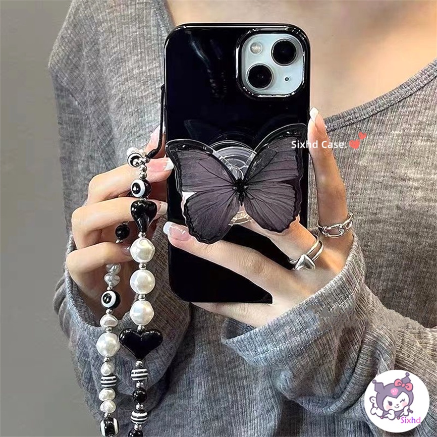 IPHONE Kompatibel Untuk Iphone14 13 12 11 Pro Max SE2020 X Xr Xs Max8 7 Plus Gaya Baru Ins Fashion Hitam Butterfly Phone Case +Lanyard +Bracket Lembut Anti Jatuh Pelindung TPU Cover