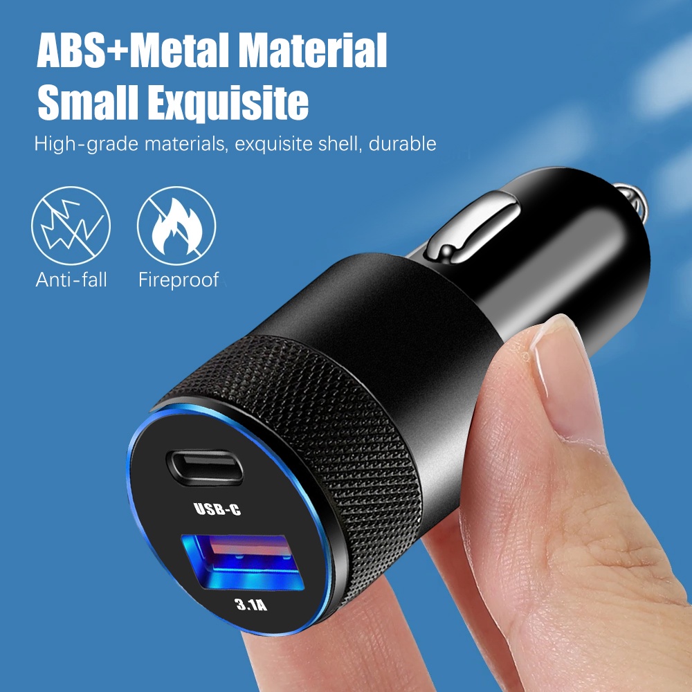 3.1a 15/38W Dual Ports Car Quick Charger Type-C USB Adaptor Ponsel QC3.0 USB +PD Fast Charger Hitam Paduan Aluminium Charger Aksesoris Interior Mobil