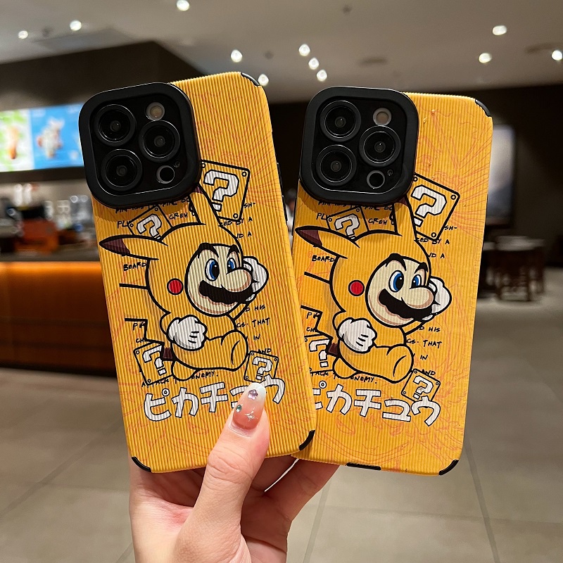 IPHONE Soft case Pelindung Kulit Tekstur Vertikal Kartun Pikachu Mario Untuk Iphone14 13 12 11 Pro Max X XR XS Max7 8 Plus