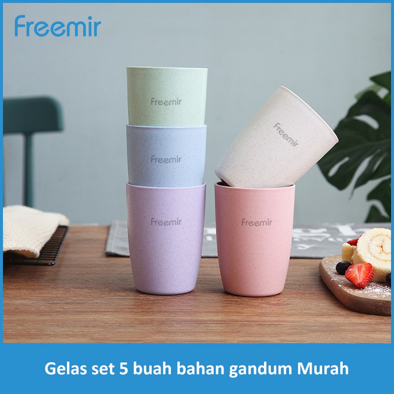 freemir 5 Pcs Gelas Set Plastik Wheat Straw Mix Warna Biru Pink Hijau Krem Ungu