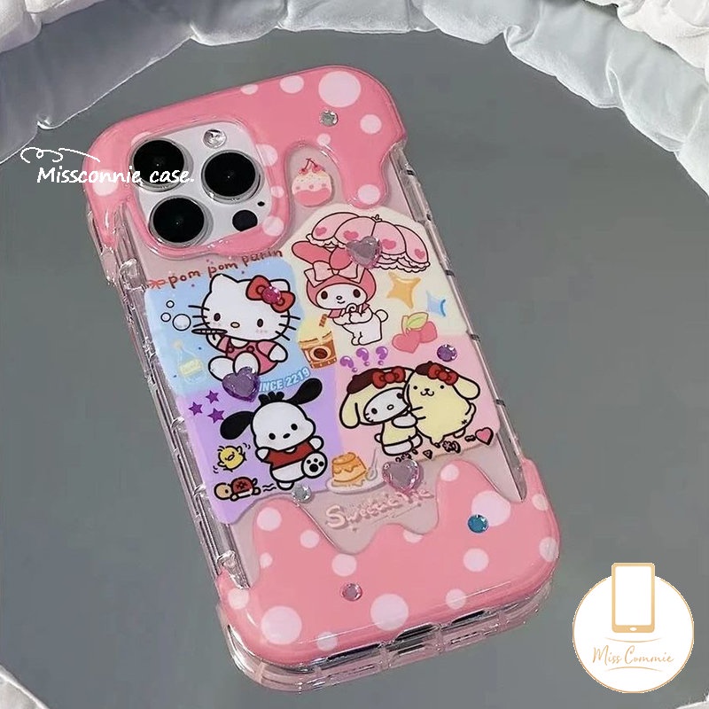 IPHONE Casing Es Krim 3D Hello Kitty Pochacco Kuromi Lucu Kompatibel Untuk Iphone11 12 13 14 Pro Max XR 7Plus X7 8 Plus XS Max SE 2020kartun Crayon Shin-chan Lembut TPU Cover