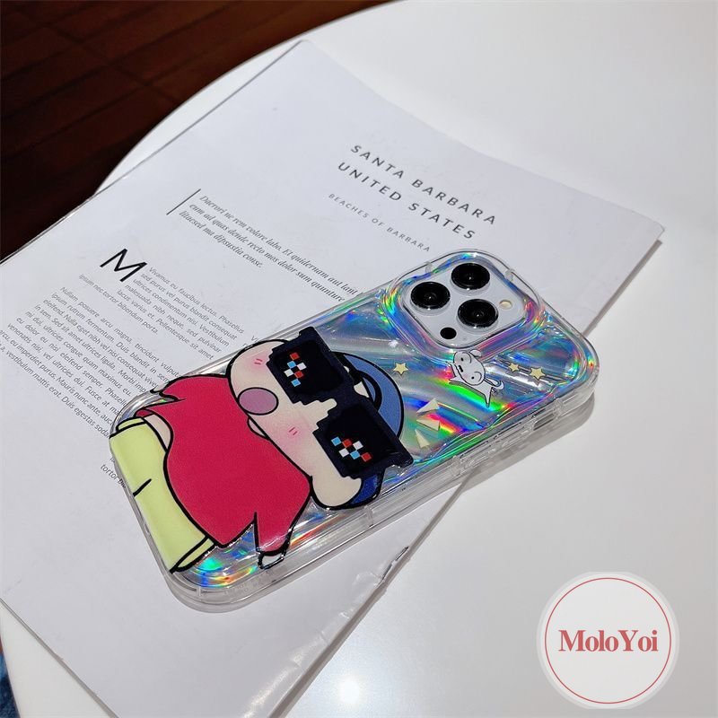 Dazzle Color 3D Stereo Corrugation Case Kompatibel Untuk IPhone 7Plus XR XS X Max 6 6S 8plus11 14 12 13 Pro Max SE 2020kacamata Hitam Keren Crayon Shin-Chan Kartu Laser Mewah Soft Case