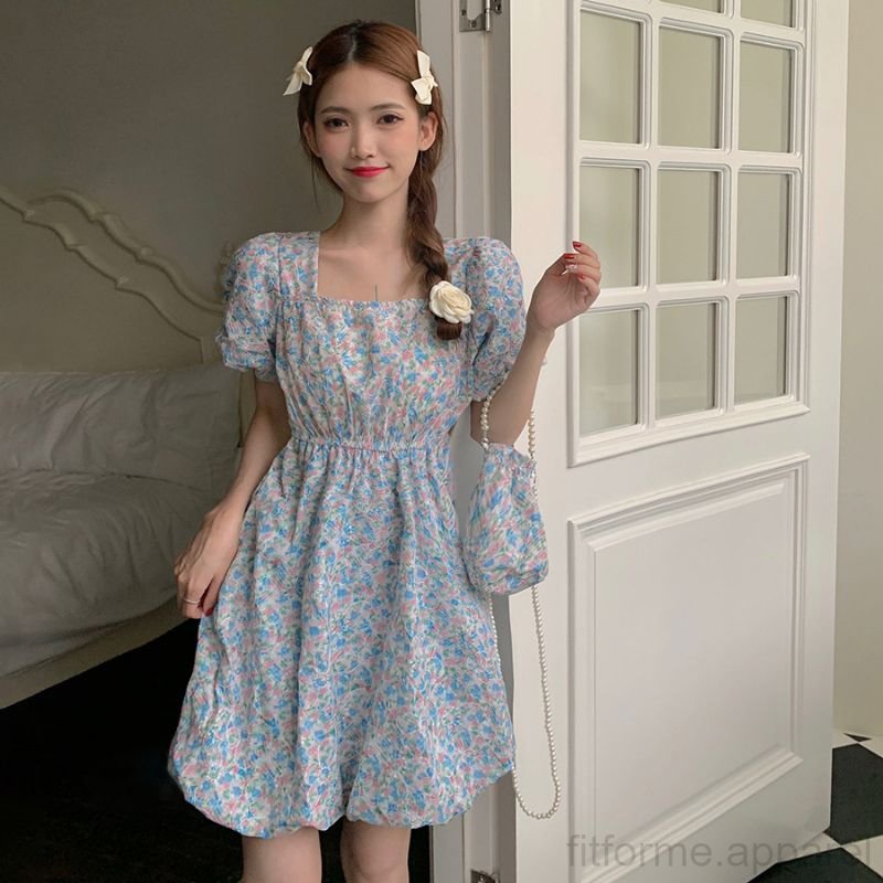 Dress Korea Wanita Motif Bunga Leher Kotak Woman Square Neck Floral Puff Sleeves A-Line Dress TY-130