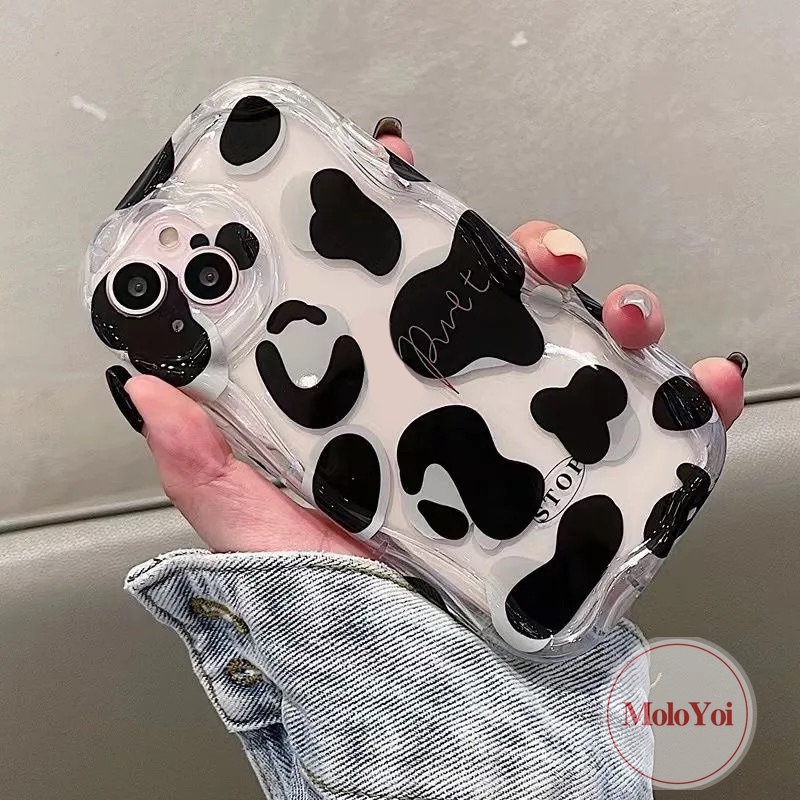 Case Motif Leopard Hitam Putih Simple Kompatibel Untuk IPhone 7Plus XR X XS Max11 12 13 14 Pro Max7 6 8 6s Plus SE 2020 3D Wavy Curved Edge Soft Cover