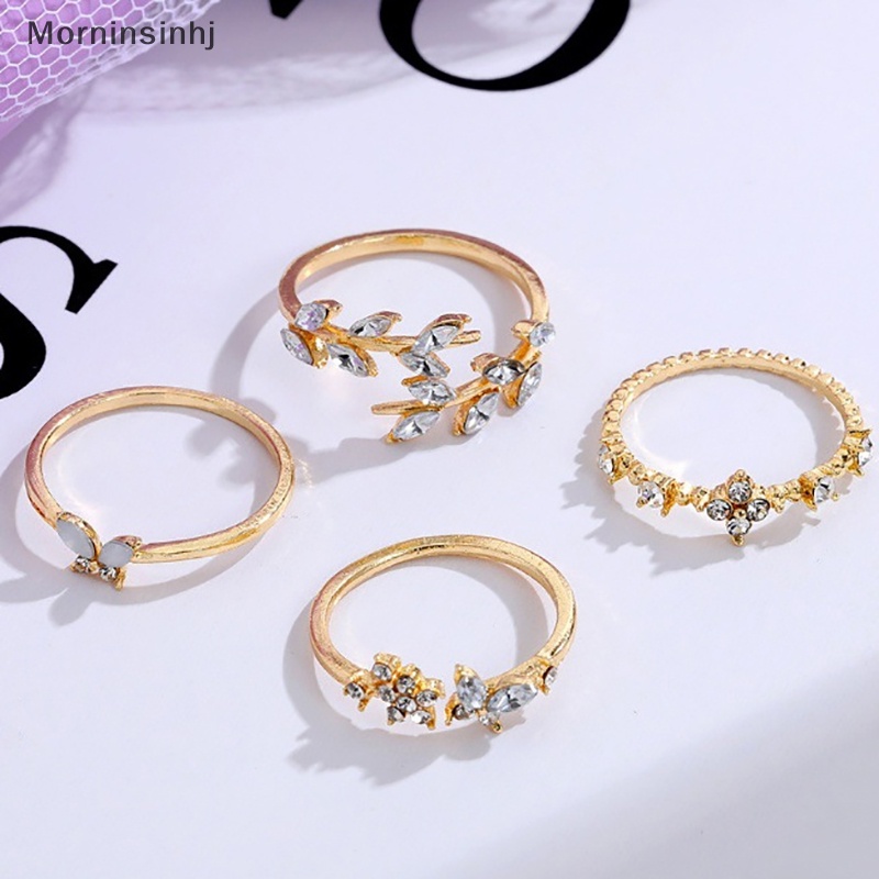 Mornin 4Pcs/Set Fashion Korea Temperamen Berlian Imitasi Memutar Daun Bunga Cincin Set Untuk Wanita Perhiasan Hadiah id