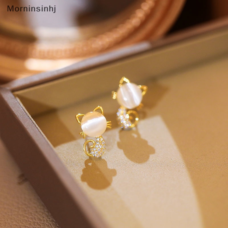 Mornin Gaya Korea Fashion Pesona Imitasi Opal Cat Stud Earring Untuk Wanita Berlian Mengkilap Anting Anak Kucing Lucu Coil Nyamuk Telinga Klip id