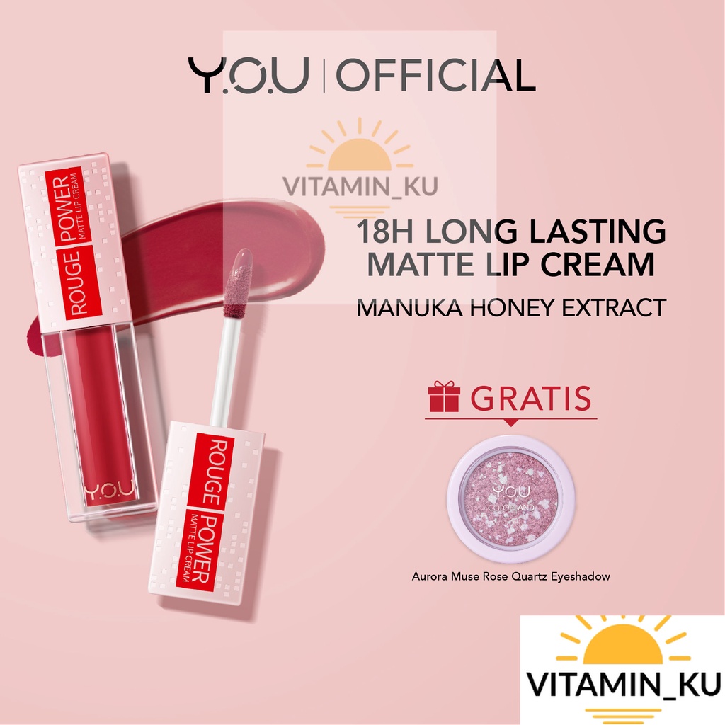 YOU Rouge Power Matte Lip Cream Lipstik | Matte Finish | Tahan Lama | Nourishing with Manuka Honey | Kosmetik VITAMINKU