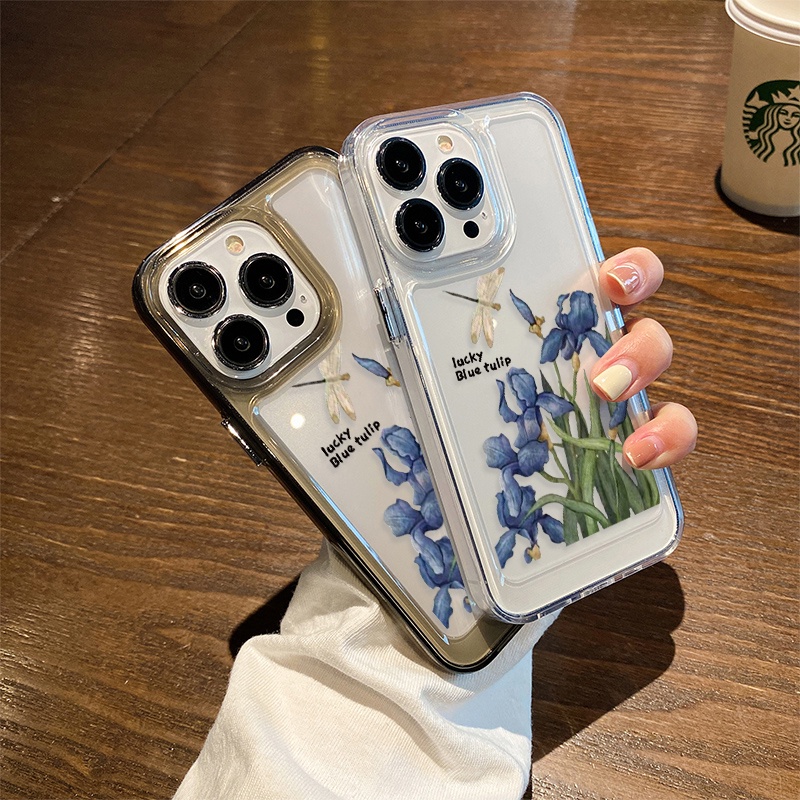 Casing Bunga Biru Keberuntungan Untuk IPhone Kompatibel6 7 8 6Plus 7Plus 8Plus 11 14 Pro Max X XS XR 11 12 13 14 Pro Max SE 2020 2022 Plating Electroplated Buttons Shockproof Cover