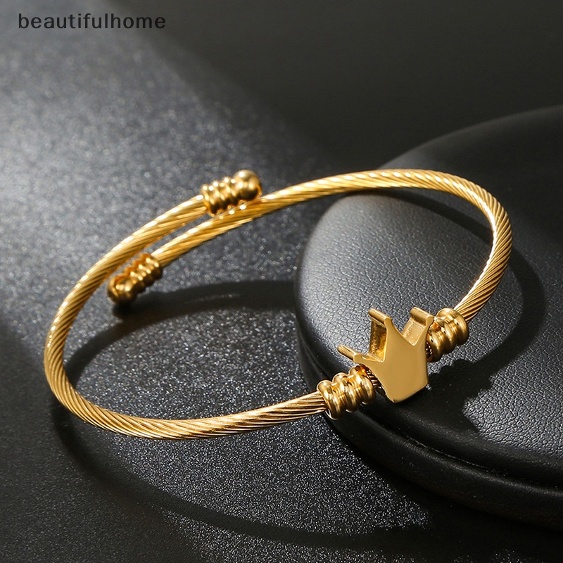 {beautifulhome} Baru Fashion Mahkota Stainless Steel Gelang Bangles Pria Wanita Terbuka Manset Pesona Bangle Perhiasan Untuk Hadiah Ulang Tahun.