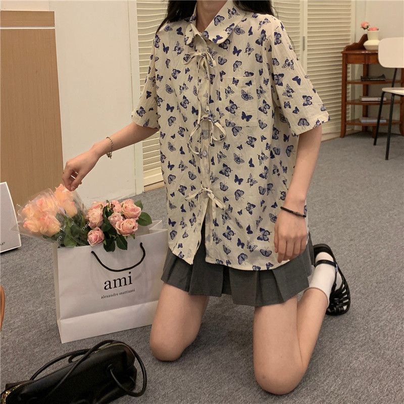 Kupu-Kupu Kemeja Import Wanita Lengan Pendek Bertali Casual Blouse