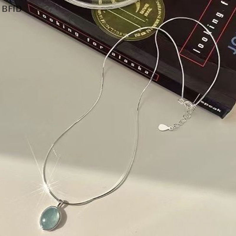 [BFID] Fashion Warna Perak Biru Moonstone Aquamarine Kalung Desain Unik Oval Rantai Klavikula Kristal Untuk Teman Wanita Perhiasan Hadiah [ID]