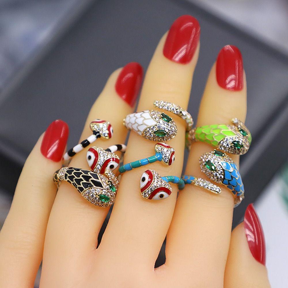 Mxbeauty Cincin Ular Fashion Chic Animal Enamel Zircon Open Punk Rings Untuk Wanita