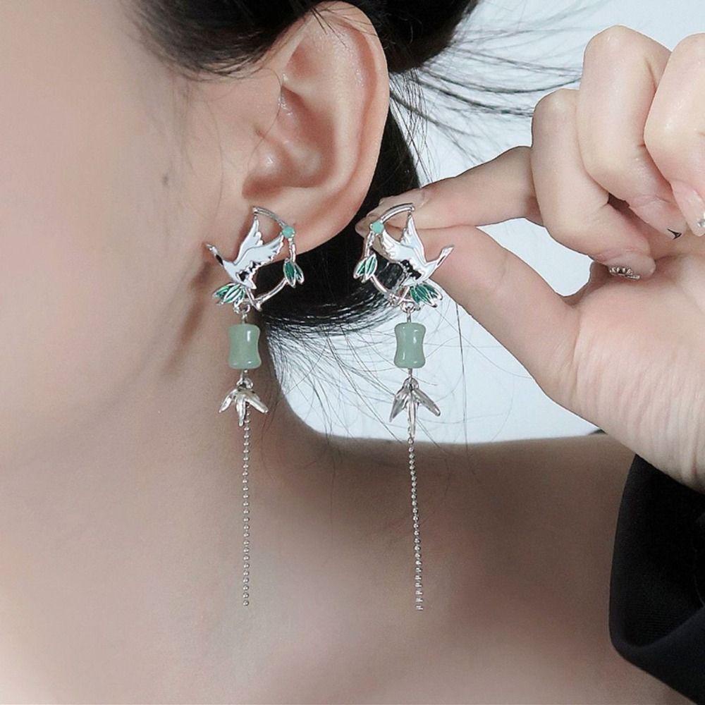 Mxbeauty Perhiasan Anting Rumbai Enamel Crane Alloy Fringe Earrings Untuk Wanita