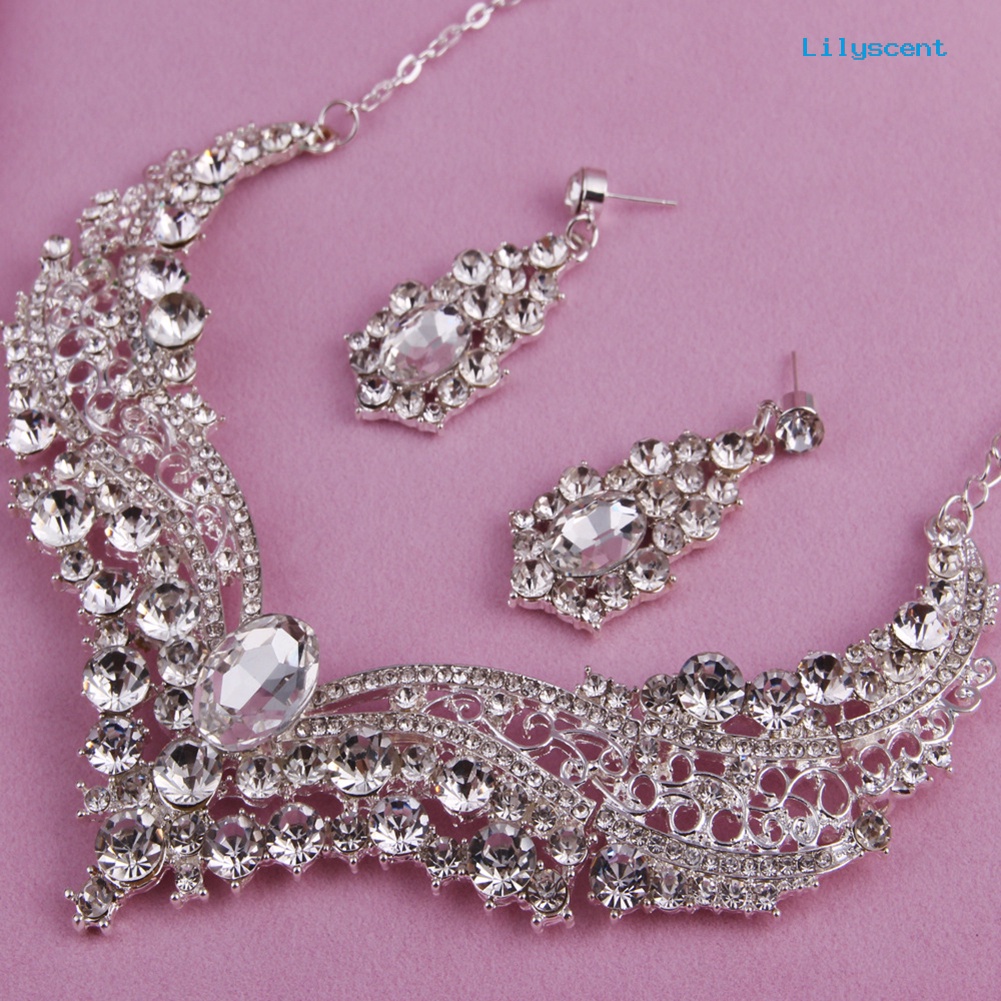 [LS]Wedding Bridal Queen Style Berlian Imitasi Sepenuhnya Mengkilap Kalung Anting Set Perhiasan