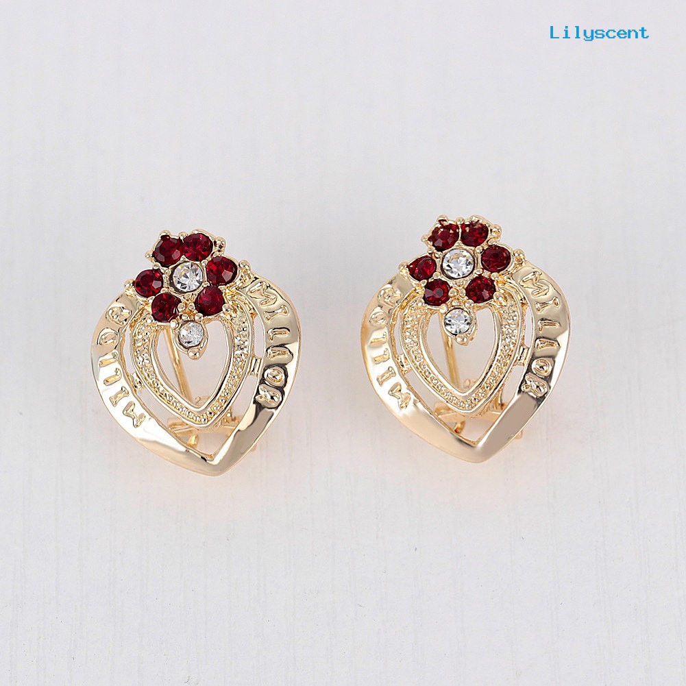 [LS]Rhinestone Heart Flower Kalung Stud Anting Cincin Gelang Wanita Set Perhiasan