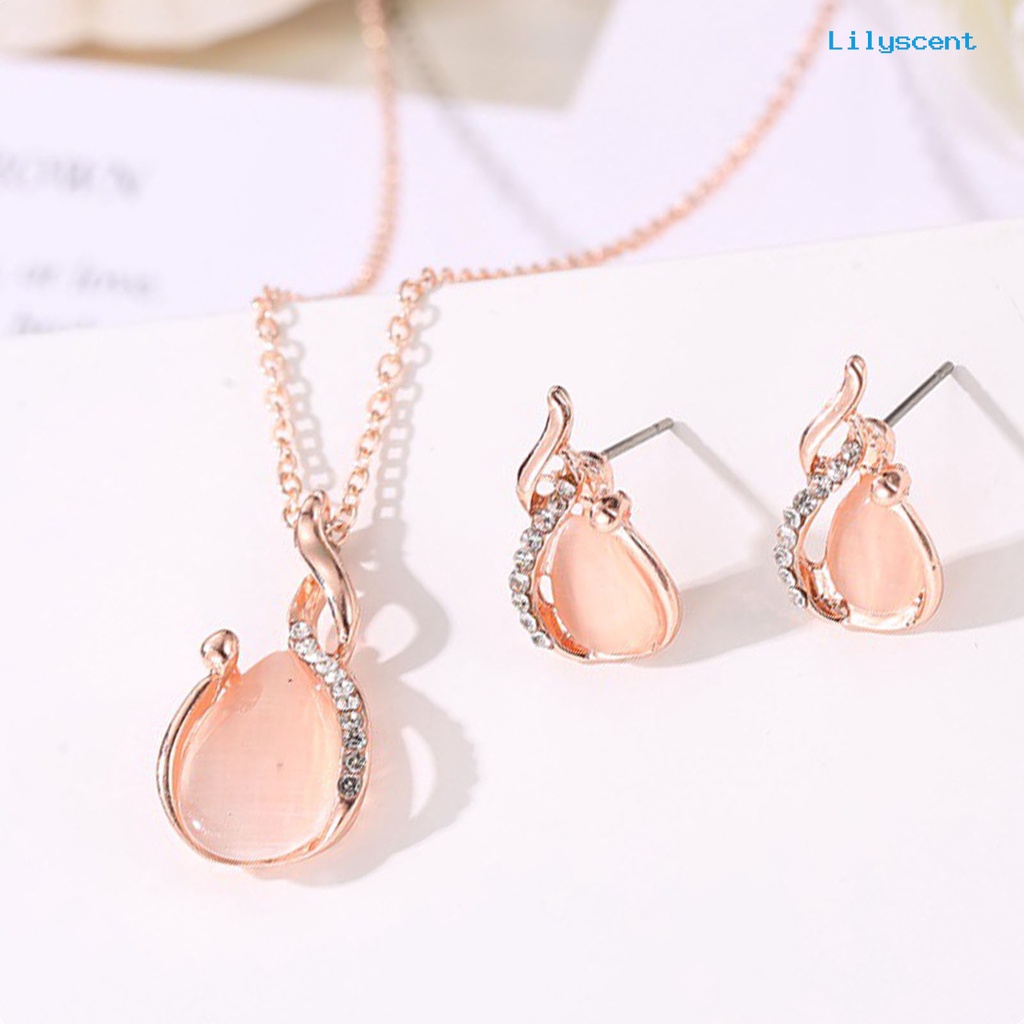 [LS]2Pcs/Set Shiny Noble Kalung Anting Set Alloy Water Drop Faux Opal Pendant Necklace Earrings Perhiasan Aksesori