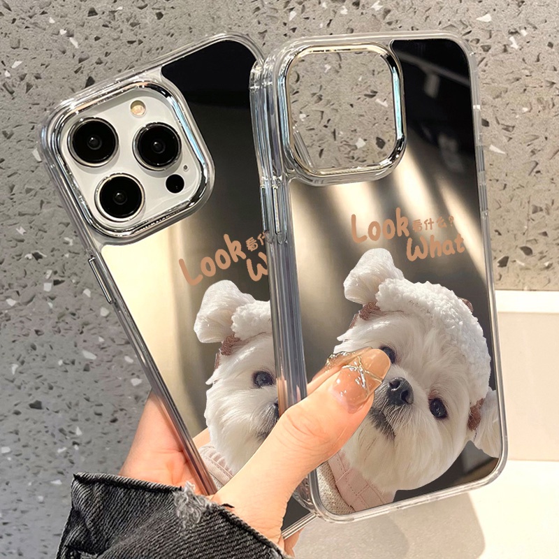 IPHONE Casing Ponsel Cermin Anjing Lucu Kompatibel Untuk Iphone11 12 13 14 12Pro 13Pro 14Pro Pro Max XR X XS Max Electroplating Tombol Perlindungan Mirror Cover