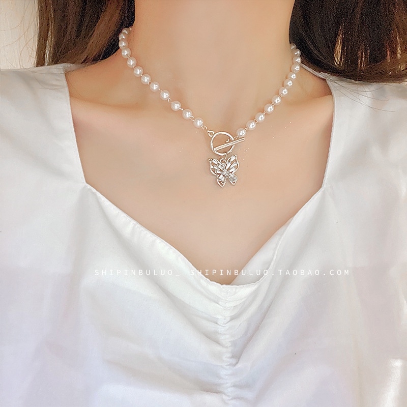 Ins Gaya Influencer Gaya Yang Sama Berlian Imitasi Mutiara Perak Kupu-Kupu choker Retro Baroque Klavikula Rantai Kalung Necklace