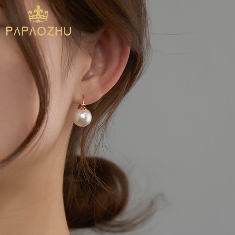Papaozhu Elegan 14K Emas Mengkilap Besar Mutiara Hoop Anting Untuk Wanita Gadis Korea Trendi Statement Earring Klasik Telinga Perhiasan Hadiah