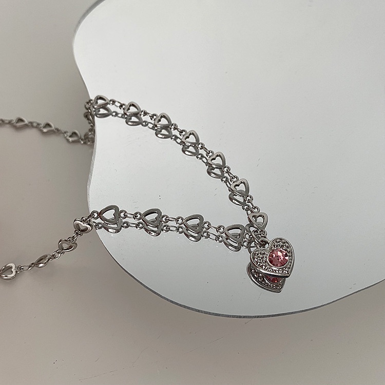 French Retro Metal Pink Love Pendant Necklace Perempuan Korea Niche Unik Sederhana All-Match Kalung Rantai Klavikula