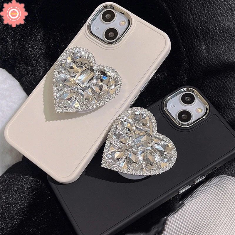 3d Berlian Cinta Hati Bracket Soft Phone Case Kompatibel Untuk IPhone 7plus 11 13 14 12 Pro MAX X XR 7 8 Plus XS MAX Sederhana Warna Macaron Soft Holder Cover Pelindung