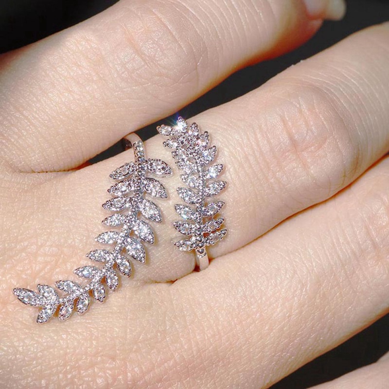 New Arrival Fashion Daun Pembukaan Cincin Untuk Wanita Pesta Pernikahan Halus Jari Cincin Cubic Zirconia Adjustable Ring