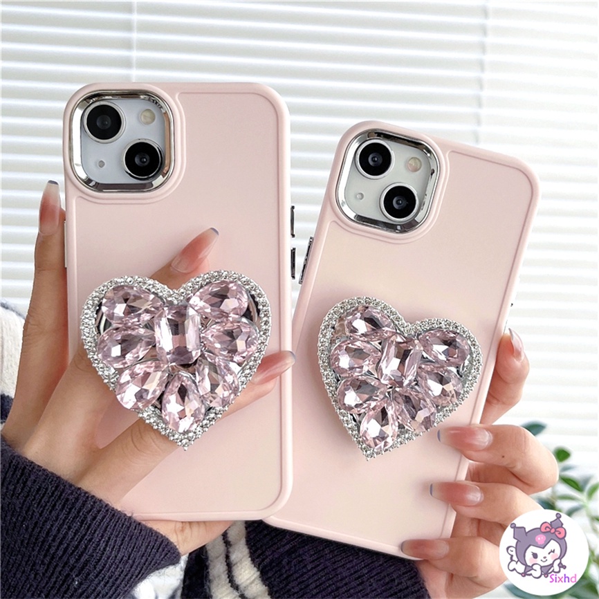 Compatible For iPhone 11 14 13 12 Pro Max 8 7Plus X Xs Xr Xs Max SE2020 Electroplated Lens Frame Protection Ins Pink Love Diamond Fashion Phone Case+Bracket Soft Anti Drop Cover