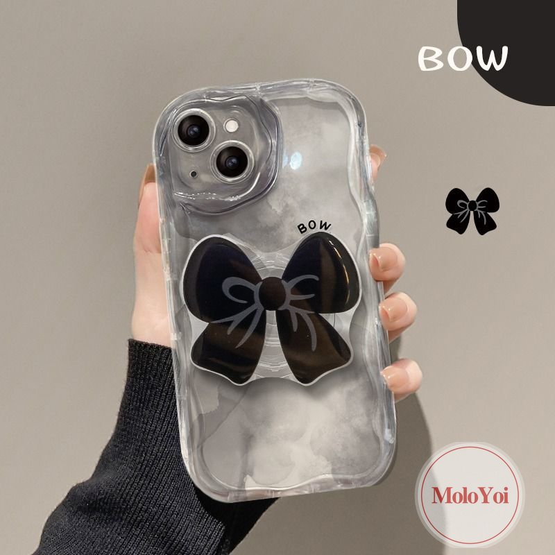 3D Wavy Curved Edge Cover Compatible for IPhone 11 14 13 12 Pro Max XR XS X Max 7 8 6s 6 Plus SE 2020 INS Korean Fantasy Bowknot Ring Holder Holder Bracket Case