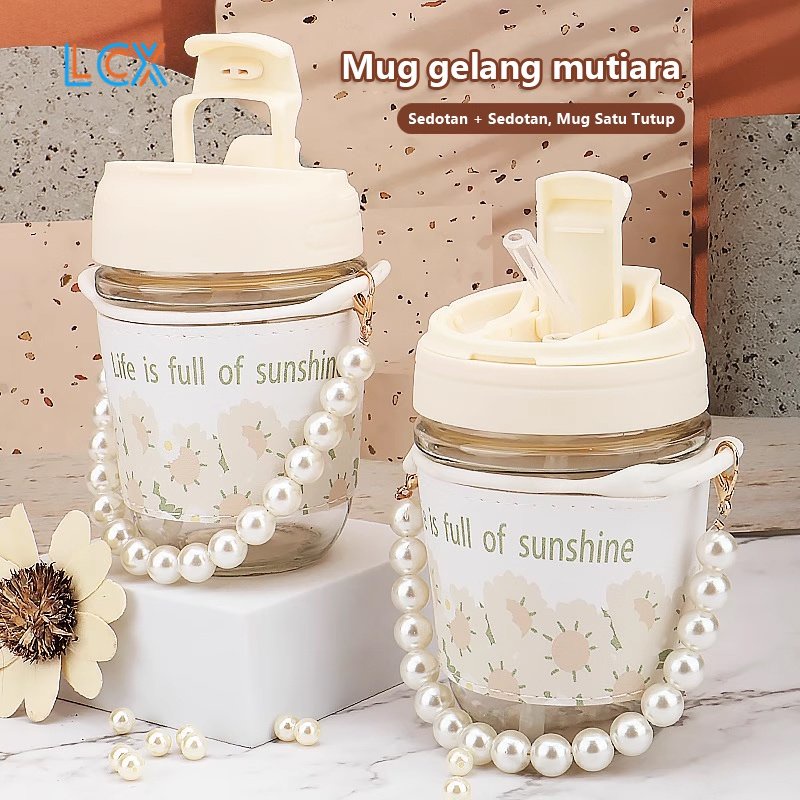 LCX Tumbler Kaca / Botol Lucu Tali Mutiara / Gelas Minum Kaca Simple Elegan Water Bottle Cup For Coffee VS-345