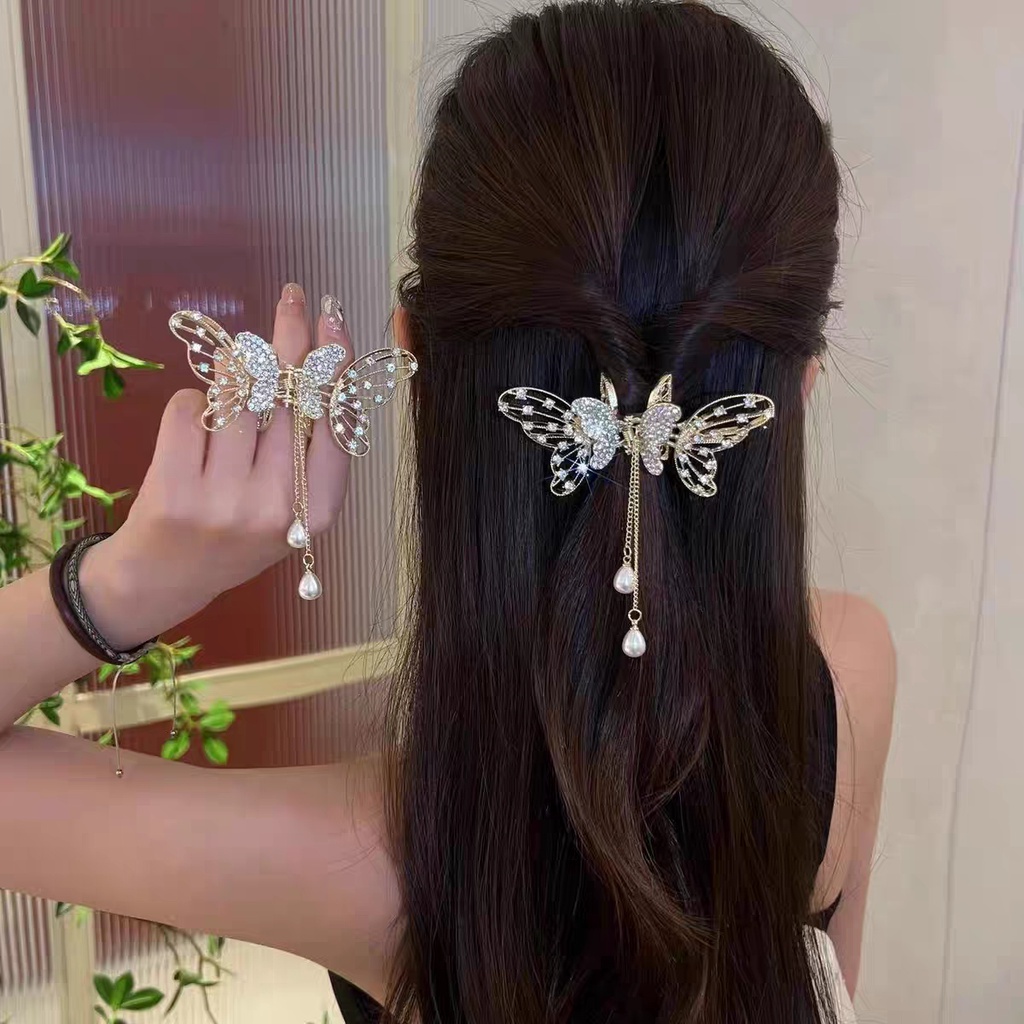 Alloy Butterfly Hair Clip Hair Claw Fashion Berlian Imitasi Mutiara Jumbai Jepit Rambut Wanita Aksesoris Rambut