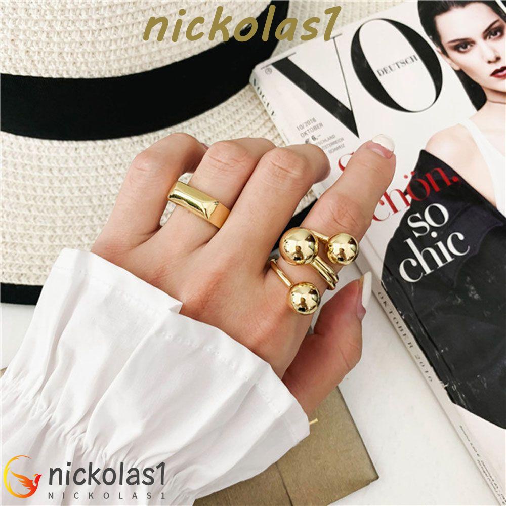 NICKOLAS1 Cincin Jari Penuh Gaya Hadiah Pernikahan Untuk Wanita Triple Besar Besar Warna Perak Emas Perhiasan Logam