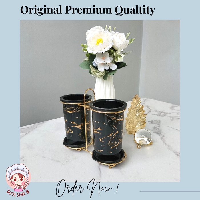 Tempat Sendok Keramik Mewah Wadah Sendok Keramik Marble Set - Hitam