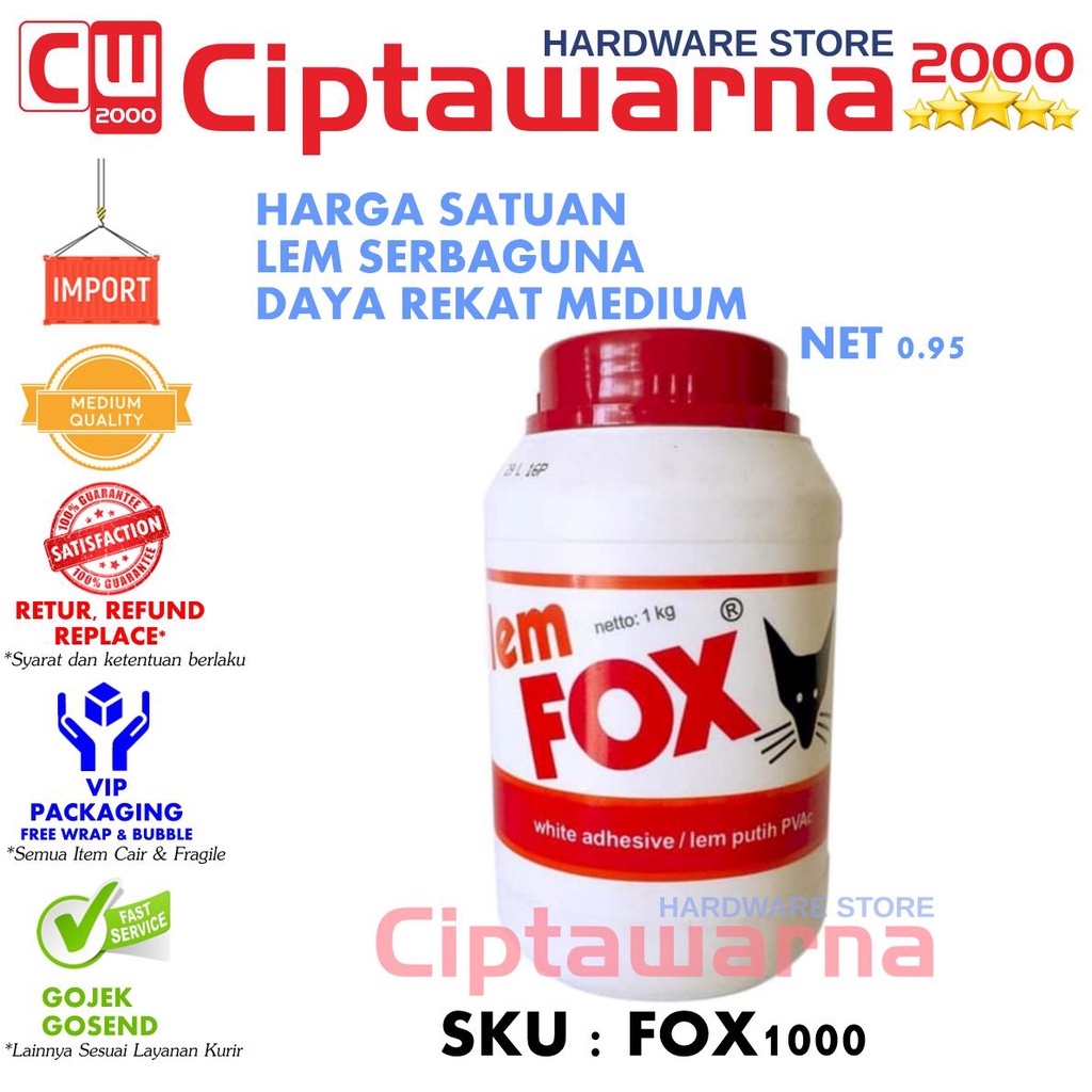 

Lem perekat Kayu Plamir serba guna FOX PVAC 1000 Gram