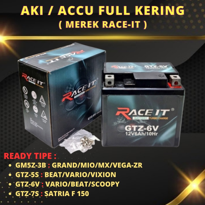 ACCU FULL KERING AKI MEREK RACE-IT TYPE GTZ-5S GTZ-6V GTZ-7S GM5Z3B UNTUK MOTOR YAMAHA HONDA SUZUKI 
