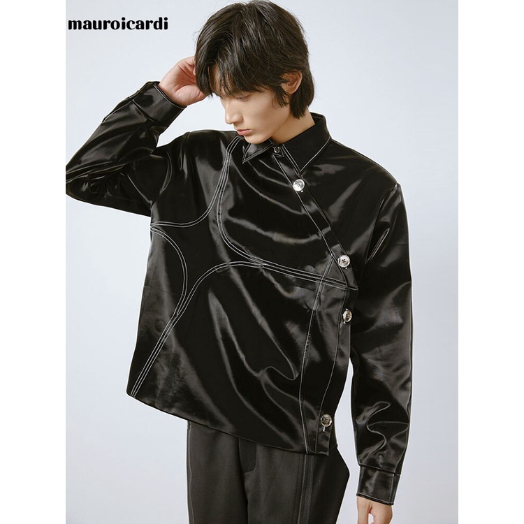 Coats Pria Faux Leather Import Spring Autumn Short Black Shiny Reflective Patent   Shirt  Long Sleev