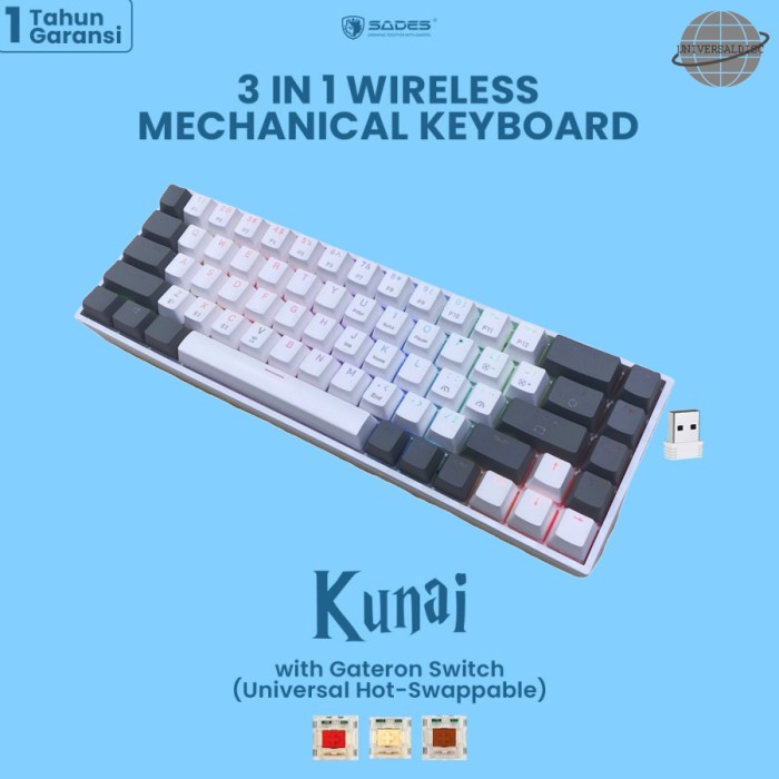 Sades Kunai 3 in 1 Connection Mechanical Gaming Keyboard Wireless - White Grey, Gateron Yellow