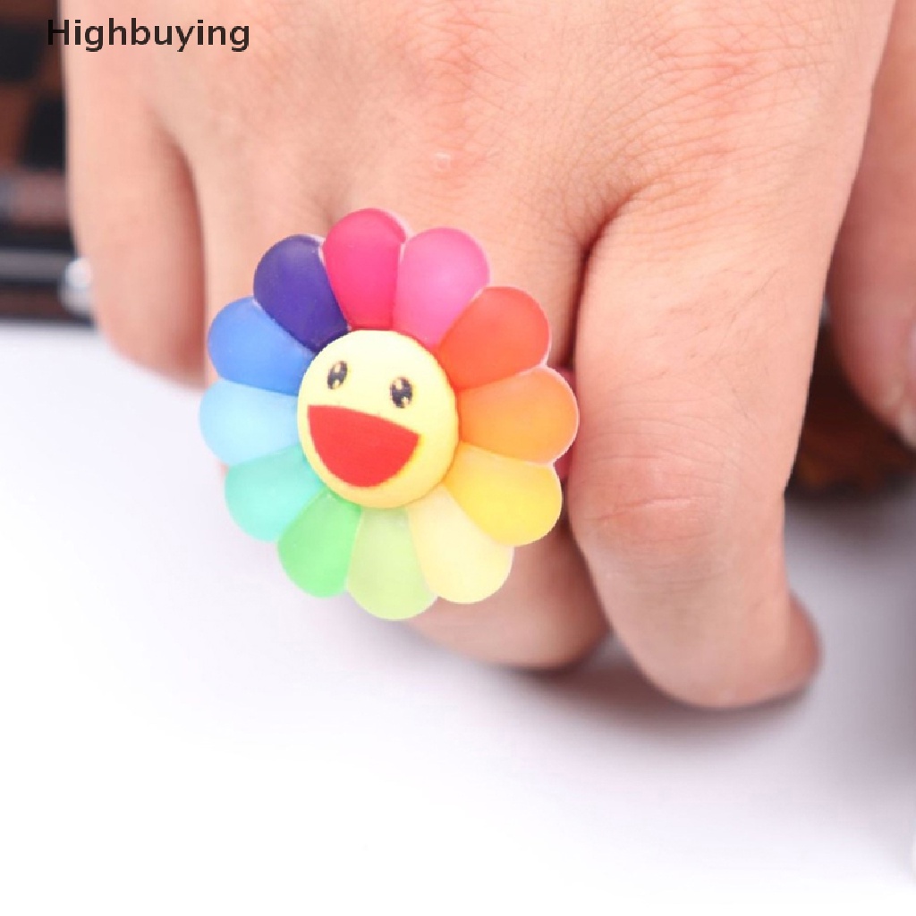 Hbid Hujan Permen Warna Sun Flower Smiley Face Cincin Resin Akrilik Untuk Wanita Fashion Lucu Manis Keren Cincin Gadis Perhiasan Hadiah Glory