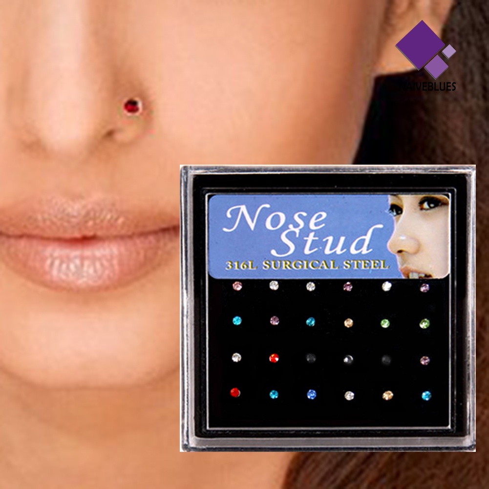 Naiveblue &gt; 12pasang Wanita Berlian Imitasi Bar Cincin Stainless Steel Tindik Hidung