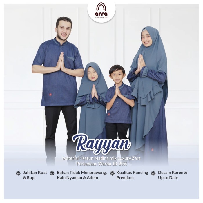 Baju Lebaran Muslim Keluarga Couple Ayah Ibu dan Anak 2023 Sarimbit Rayyan Warna Biru by Arra Original Premium Muslim Terbaru Koko Gamis Set Family