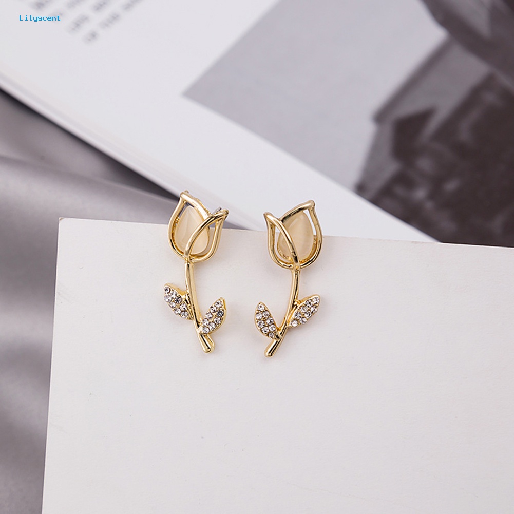 Lilyscent Wanita Fashion Kelopak Mawar Daun Imitasi Batu Permata Berongga Keluar Tindik Stud Earrings