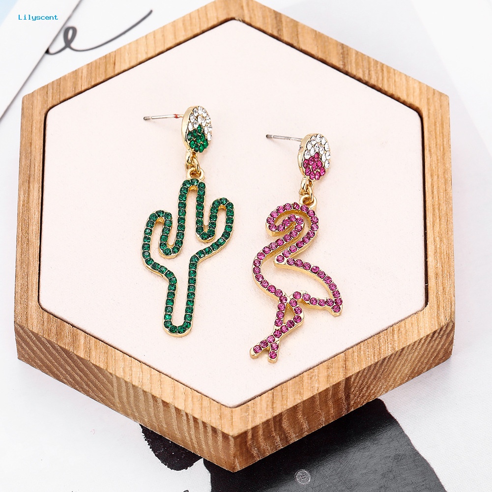 Lilyscent Wanita Berongga Berlian Imitasi Kaktus Flamingo Menjuntai Asimetris Stud Earrings Perhiasan