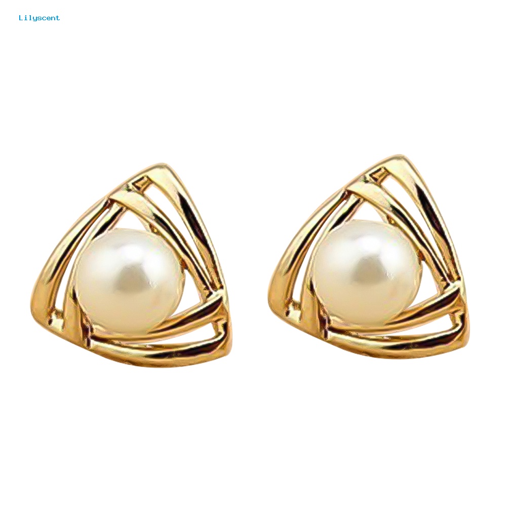 Lilyscent Wanita Mutiara Imitasi Hias Double Segitiga Crossover Ear Stud Earrings Perhiasan Hadiah