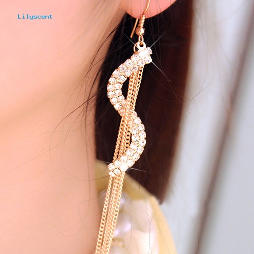 Lilyscent Fashion Wanita Bentuk S Jumbai Panjang Berlian Imitasi Kait Menjuntai Anting Linear