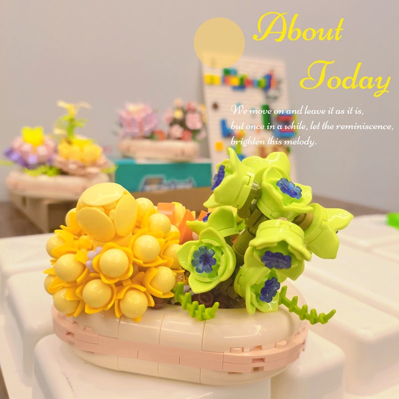 Nano Block Flower Mainan Balok Pot Blok Bangunan Bercahaya Model DIY