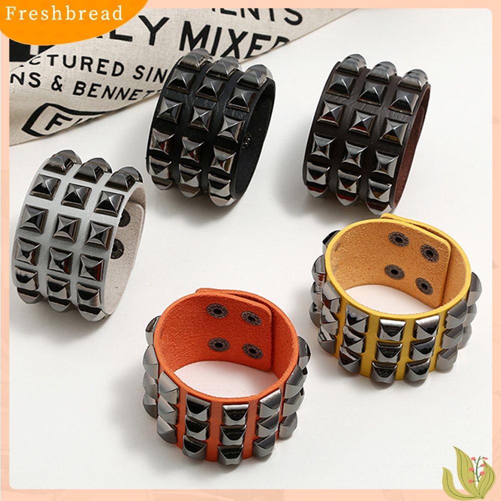 &lt; Freshbread &gt; Punk Pria Wanita Club Square Rivet Studded Wide Cuff Faux Leather Bangle Bracelet