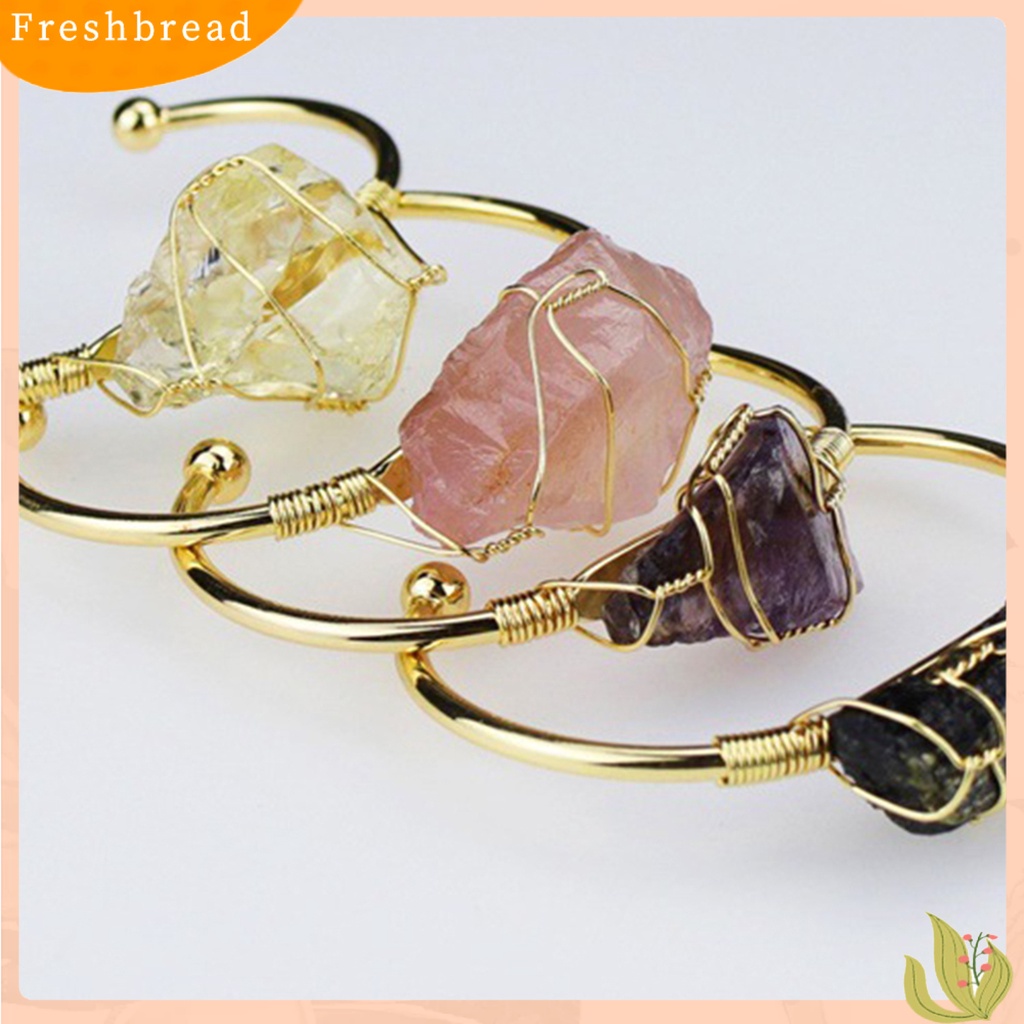 &lt; Freshbread &gt; Wanita Gelang Kawat Bungkus Batu Alam Paduan Tidak Teratur Batu Pembukaan Adjustable Bangle Perhiasan Hadiah