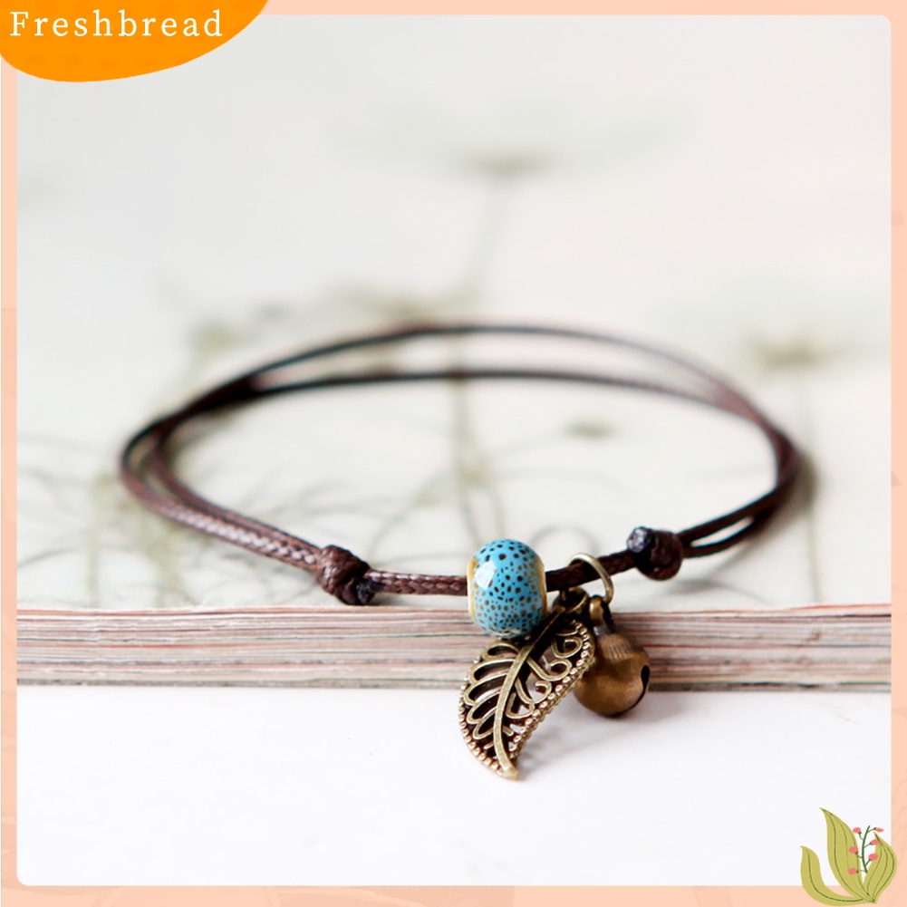 &lt; Freshbread &gt; Gelang Manik-Manik Keramik Bangle Tali Rantai Vintage Liontin Daun Perhiasan Pasangan